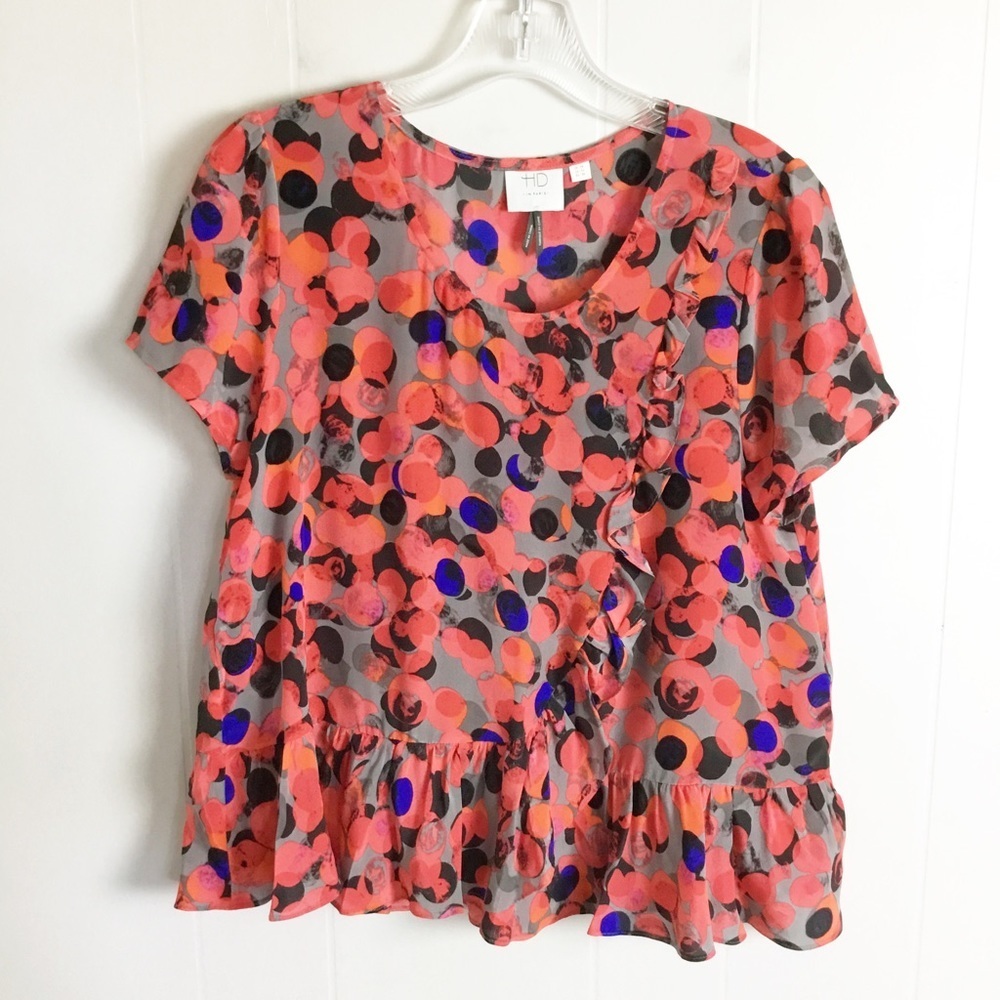 Anthropologie HD in Paris 100% Silk Ruffle Top Multicolor Dot Blouse sz US 4 - Picture 2 of 4